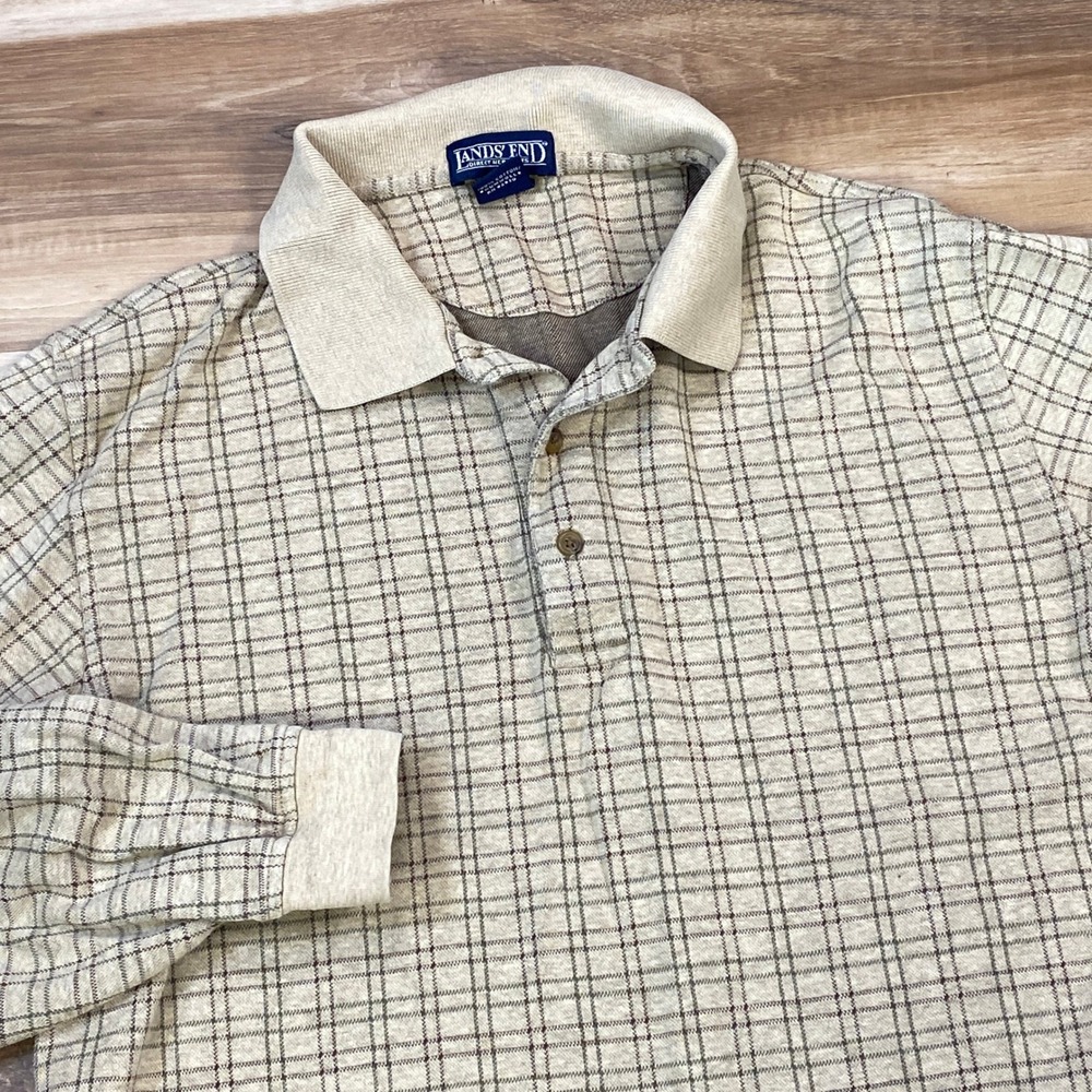 Lands End Polo Shirt Men M 38-40 Heritage 100% Cotton Windowpane Check Beige VTG